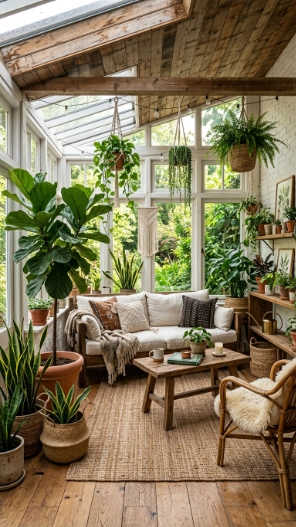 rustic sunroom ideas with indoor plants and natural light decor