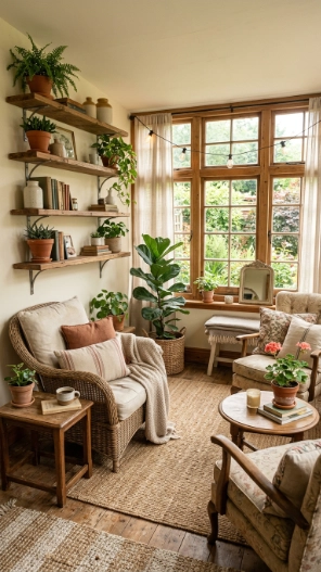 budget rustic sunroom ideas with DIY decor and cozy styling