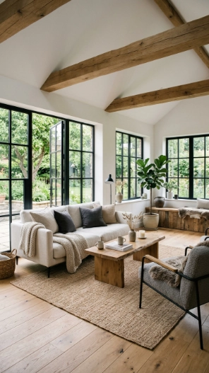 modern rustic sunroom ideas with clean minimalist decor and wood accents