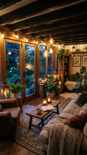 rustic sunroom lighting ideas with warm Edison bulb glow