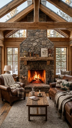 rustic sunroom ideas with stone fireplace and cozy seating