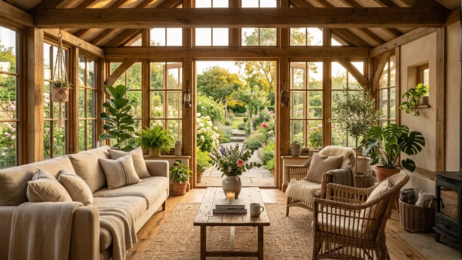 rustic sunroom ideas with cozy farmhouse decor, natural wood furniture, and warm sunlight interior design