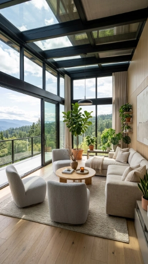 Modern glass second floor sunroom ideas with floor-to-ceiling windows