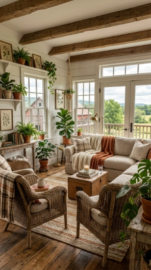 Cozy farmhouse second floor sunroom ideas with rustic decor