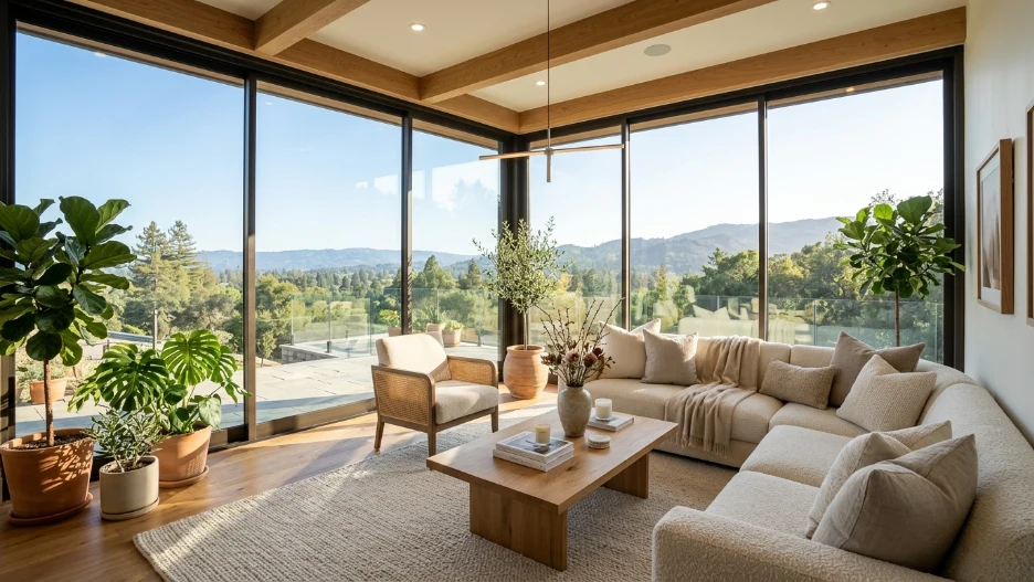 Second floor sunroom ideas with luxury glass windows and cozy modern interior design