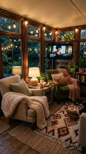 Small sunroom ideas with TV cozy lounge seating area