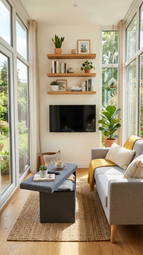 Small sunroom ideas with TV space-saving furniture layout