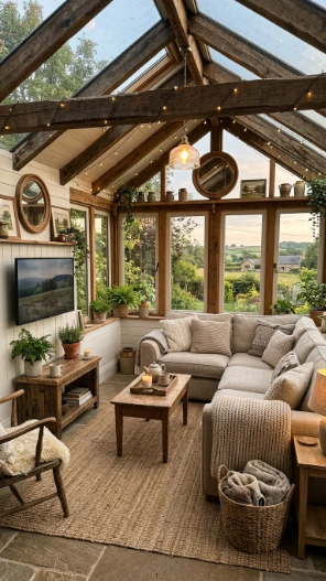 Small sunroom ideas with TV rustic farmhouse cozy decor