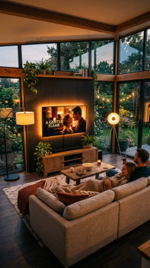 Small sunroom ideas with TV cozy warm lighting setup