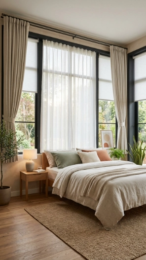Small sunroom bedroom ideas with curtains and blinds for privacy and light control