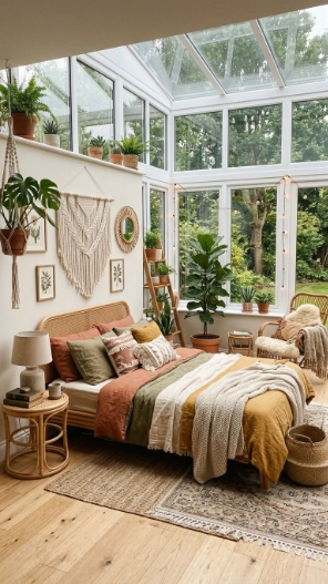 Small sunroom bedroom ideas boho style with plants, textures, and cozy aesthetic