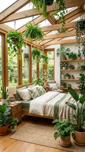 Small sunroom bedroom ideas with indoor plants and natural green decor aesthetic