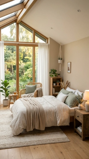 Small sunroom bedroom ideas with calming color palette and aesthetic interior design