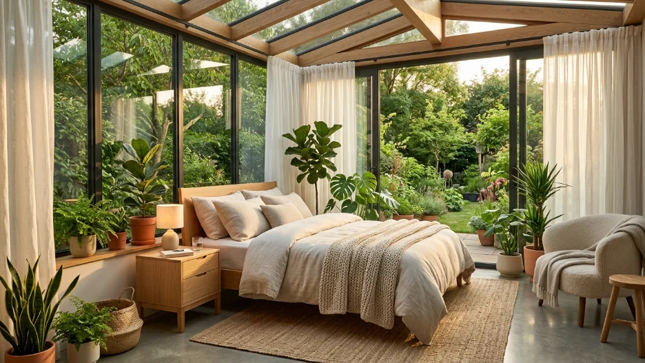 Small sunroom bedroom ideas featuring cozy natural light interior with modern minimalist decor and indoor plants