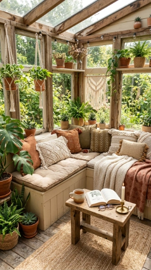 Small sunroom ideas on a budget cozy seating with cushions and DIY bench