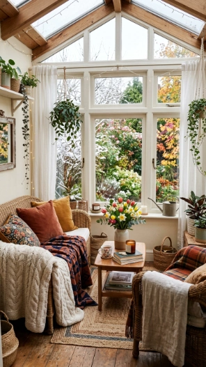 Small sunroom ideas on a budget seasonal decor styling with cozy aesthetic
