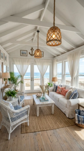 Sunroom ceiling lighting ideas with coastal rope pendant fixtures