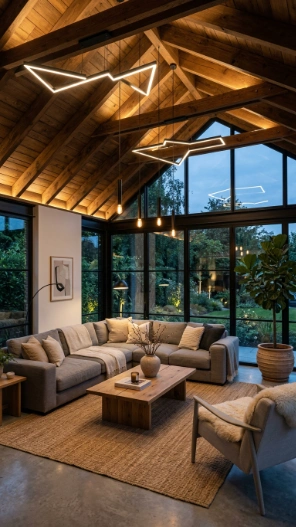 Modern sunroom ceiling lighting ideas with black pendant lights and LED glow