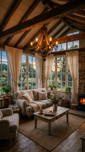 Farmhouse sunroom ceiling lighting ideas with rustic chandelier and warm glow
