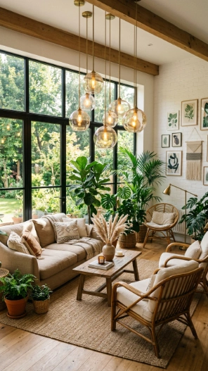 Sunroom ceiling lighting ideas with glass pendant lights in airy interior
