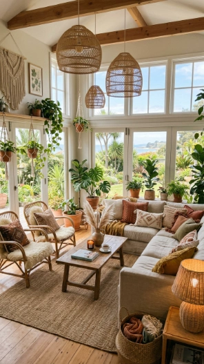 Sunroom ceiling lighting ideas with rattan and wicker boho pendants