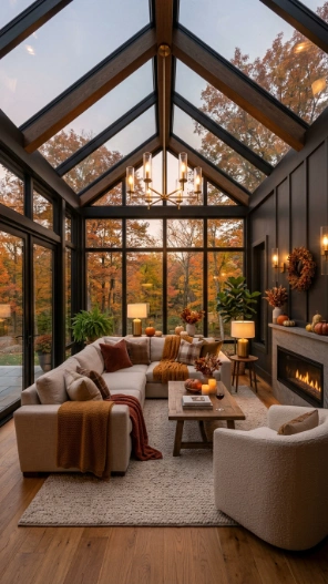 Sunroom ceiling lighting ideas with layered lighting in four-season room