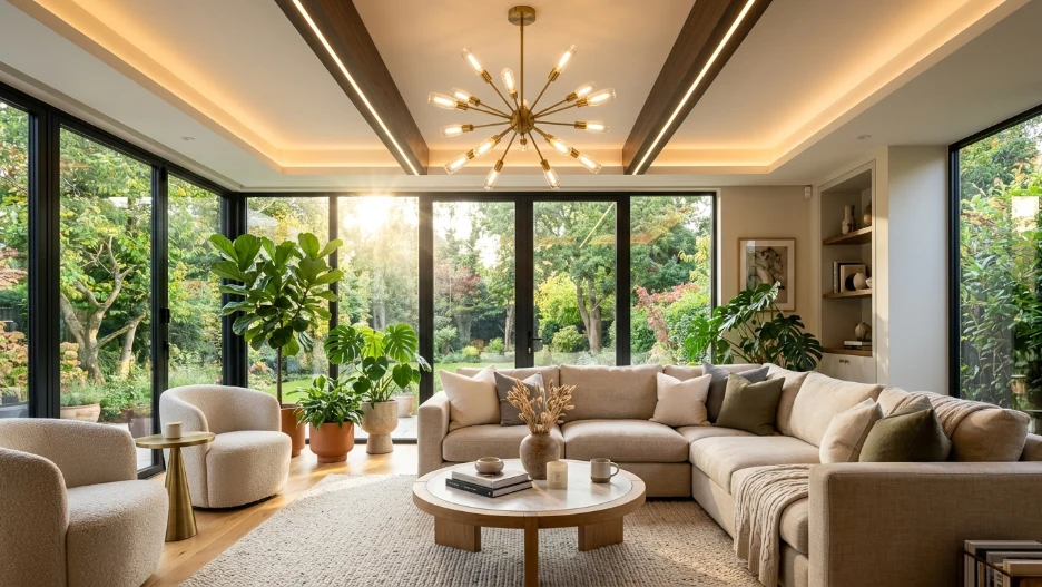 Sunroom ceiling lighting ideas featuring modern chandelier and cozy bright interior
