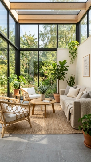 Porcelain sunroom tile flooring ideas in a bright modern sunroom with natural light and minimalist decor