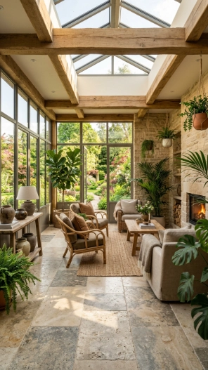 Natural stone sunroom tile flooring ideas with elegant earthy textures and luxury indoor-outdoor design