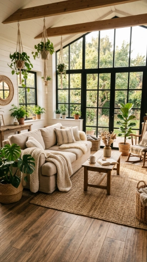 Wood-look sunroom tile flooring ideas creating a cozy farmhouse style indoor space