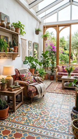 Patterned sunroom tile flooring ideas with bold geometric designs and boho interior style