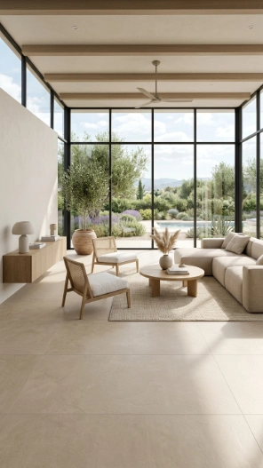 Large format sunroom tile flooring ideas with minimalist modern interior and seamless design