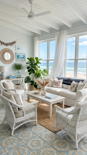 Coastal sunroom tile flooring ideas with light airy beach-inspired interior design
