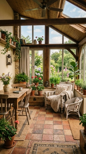 Farmhouse sunroom tile flooring ideas with rustic cozy interior design style