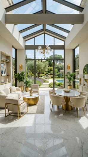 Luxury sunroom tile flooring ideas with marble modern elegant interior design