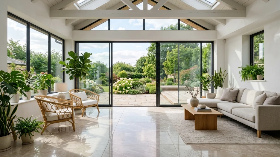 Sunroom tile flooring ideas in a bright modern sunroom with elegant porcelain tile flooring and natural light-filled interior design