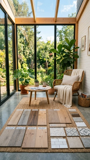 Sunroom floor ideas on a budget showing affordable flooring options in a bright modern sunroom