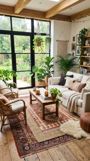 Sunroom floor ideas on a budget using area rugs and layered flooring decor