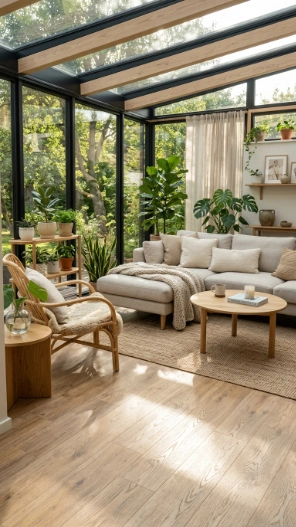 Luxury vinyl plank sunroom floor ideas on a budget with modern cozy interior design