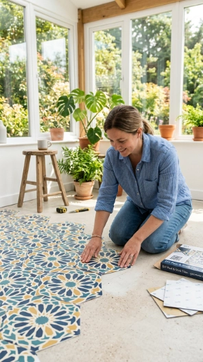 Peel and stick sunroom floor ideas on a budget DIY tile flooring installation