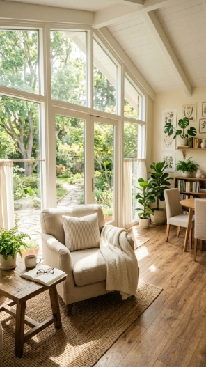 Laminate sunroom floor ideas on a budget with warm wood style flooring