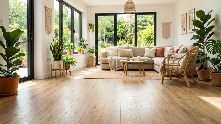 Sunroom floor ideas on a budget featuring stylish luxury vinyl plank flooring in a bright modern sunroom
