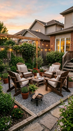 Backyard ideas on a budget with DIY gravel patio and cozy seating