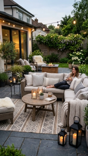 Backyard ideas on a budget with outdoor rugs and cozy decor
