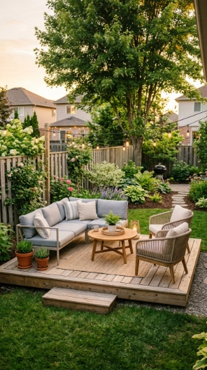 Backyard ideas on a budget with floating deck design