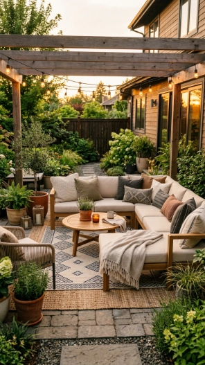 Backyard makeover ideas with cozy patio lounge