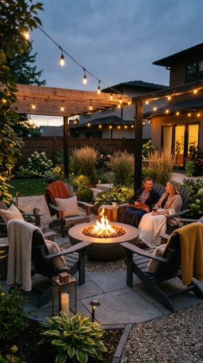 Backyard makeover ideas with fire pit area