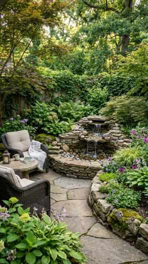 Backyard makeover ideas with water feature