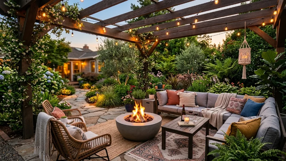 Backyard makeover ideas with cozy patio lounge and modern landscaping