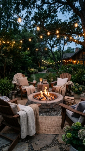Backyard seating area ideas with cozy fire pit lounge